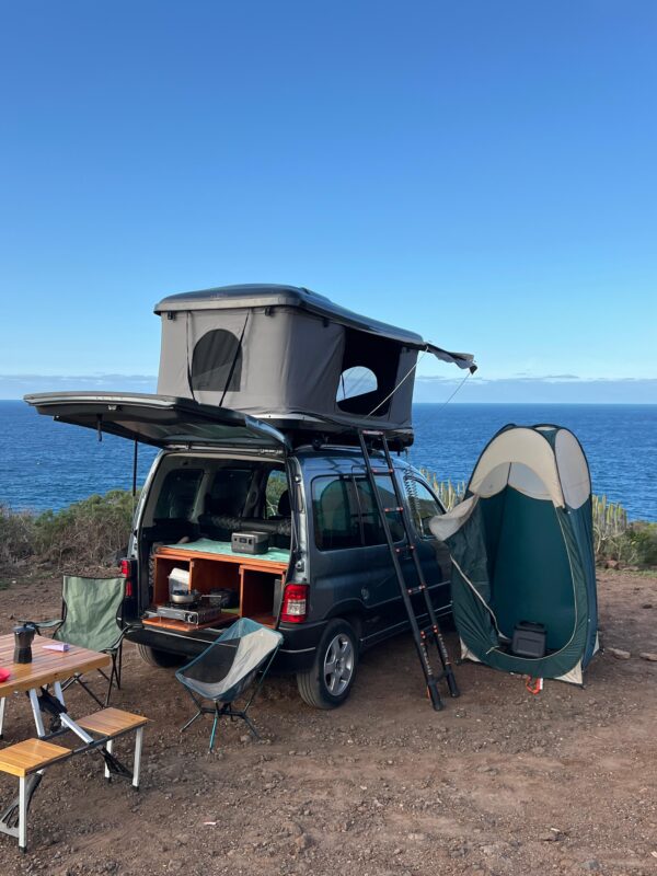 Camper prepared for sleeping in a remote location in Tenerife